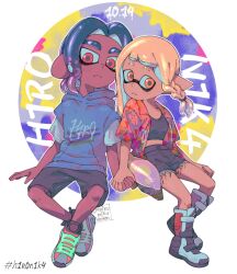  1boy 1girl ariamikukanzaki black_tank_top blonde_hair blue_hair blue_hoodie boots braid commentary couple dark-skinned_male dark_skin english_commentary eyebrow_cut frown hashtag hetero hirooooo_(splatoon) holding_hands hood hoodie inkling interracial long_hair midriff multicolored_hair octoling orange_eyes pointy_ears purple_hair red_eyes shoes short_shorts short_sleeves shorts side_braid signature sitting sneakers splatoon_(series) splatoon_3 tank_top tentacle_hair torn_clothes torn_shorts veronika_(splatoon) 