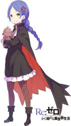  1girl animal ascot baby_animal black_boots black_cloak blue_hair blush boots braid braided_ponytail brown_dog child cloak closed_mouth collared_cloak commentary_request copyright_name dog dress english_text flower frilled_dress frills full_body green_eyes hair_flower hair_ornament headpat highres holding holding_animal holding_dog long_hair long_sleeves looking_at_viewer meili_portroute multicolored_cloak official_art ootsuka_shin'ichirou pantyhose parted_bangs puppy purple_flower re:zero_kara_hajimeru_isekai_seikatsu short_dress simple_background smile solo standing striped_clothes striped_pantyhose tachi-e title two-sided_cloak two-sided_fabric v-shaped_eyebrows vertical-striped_clothes vertical-striped_pantyhose white_ascot white_background 
