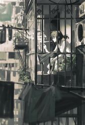  123456789qaqaqa 1girl absurdres balcony blue_eyes brown_hair condenser_unit highres laundry_pole original outdoors ponytail short_hair short_ponytail shorts sitting smoking solo tank_top white_tank_top 