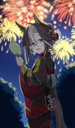  1girl aerial_fireworks animal_ears black_kimono blue_eyes brown_hair dream_journey_(umamusume) eyewear_strap fireworks flower glasses hair_between_eyes hair_bun hair_flower hair_ornament hand_fan highres holding holding_fan horse_ears horse_girl horse_tail japanese_clothes kimono long_hair long_sleeves looking_at_viewer looking_back multicolored_hair night obi open_mouth outdoors sash sena_kizahashi smile solo tail umamusume white_hair yukata 
