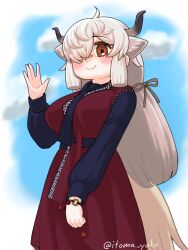  1girl absurdres animal_ears black_necktie black_shirt black_sleeves blush bracelet brown_eyes casual cow_ears cow_girl cow_horns cow_tail cowboy_shot dress extra_ears hair_over_one_eye highres horns itoma_yuko jewelry kemono_friends kemono_friends_3 long_hair long_sleeves looking_at_viewer necktie official_alternate_costume puffy_sleeves red_dress shirt sidelocks smile solo tail twintails waving white_hair yak_(kemono_friends) 