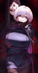  1girl absurdres bdsm black_hair black_pantyhose blue_eyes bondage bound bound_arms breasts crying crying_with_eyes_open dress earrings fingersmile forced_smile goddess_of_victory:_nikke hair_between_eyes hands_on_another's_face highres jewelry jindogod large_breasts liliweiss_(nikke) long_hair looking_at_viewer multicolored_hair multiple_girls nose_marking pantyhose pink_hair rapture_queen_(nikke) red_eyes short_hair smile symbol-shaped_pupils tears tied_up_(nonsexual) white_hair 