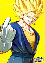  1boy blonde_hair blue_pants blue_sash blue_shirt cowboy_shot dougi dragon_ball dragon_ball_z earrings gloves green_eyes highres jewelry medium_hair muscular muscular_male orange_shirt pants parted_lips potara_earrings sash shin_(mrgt2288) shirt simple_background smirk solo spiky_hair super_saiyan super_saiyan_1 teeth vegetto white_gloves yellow_background 