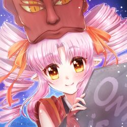  1girl blue_background close-up closed_mouth commission drill_hair hair_ribbon highres holding holding_shield light_particles long_hair mask mask_on_head onikko_hunter_tsuina-chan orange_eyes orange_ribbon parted_bangs pink_hair pointy_ears portrait red_mask ribbon shield skeb_commission smile solo tsuina-chan twin_drills twitter_username voiceroid yomiwata2 