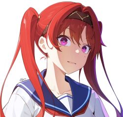  1girl alternate_costume alternate_hairstyle blue_sailor_collar bright_pupils brown_hairband circle_facial_mark commentary double-parted_bangs embarrassed english_commentary facial_mark hair_between_eyes hairband kyuriuz lone_nape_hair long_hair mark_under_both_eyes neckerchief red_hair red_neckerchief sailor_collar shirt sidelighting simple_background solo surprised twintails upper_body violet_eyes white_background white_pupils white_shirt wuthering_waves yinlin_(wuthering_waves) 