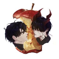  2boys apple apple_core appletrend black_eyes black_hair black_shirt colored_veins demon_horns food fruit highres horns kim_dokja looking_at_another male_focus multiple_boys narrowed_eyes omniscient_reader's_viewpoint portrait shirt short_hair smile superimposition variant_set yoo_joonghyuk yu_shiro_ki 