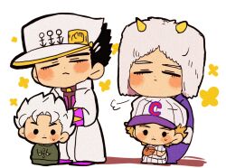 4boys :< baseball_cap baseball_mitt baseball_uniform black_hair blonde_hair blush_stickers chibi chibi_only closed_eyes coat commentary_request diamond_wa_kudakenai emporio_alnino fake_horns full_body fur_hat gakuran hat head_on_head head_rest hirose_koichi horned_headwear horns jojo_no_kimyou_na_bouken kujo_jotaro long_sleeves male_focus motu705 multiple_boys pointy_hair puff_of_air school_uniform short_hair solid_oval_eyes sportswear stone_ocean sweat weather_report white_hair 