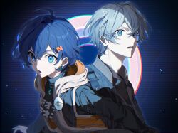  1boy 1girl ahoge belle_(zenless_zone_zero) black_shirt blue_background blue_eyes blue_hair blue_jacket breasts brother_and_sister commentary_request crossed_bangs earclip earrings fairy_(zenless_zone_zero) feb_itk grey_hair hair_between_eyes hair_ornament hood hooded_jacket jacket jewelry letter_hair_ornament looking_at_viewer medium_breasts necklace open_clothes print_shirt shirt short_hair siblings sleeveless sleeveless_jacket upper_body wise_(zenless_zone_zero) zenless_zone_zero 