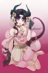  1girl :d absurdres anjo_nala anjo_nala_(forbidden_fruit) bare_shoulders barefoot black_hair demon_horns dress flower full_body gloves gold_choker gradient_background green_gloves green_horns hair_flower hair_ornament hand_up highres horns lizard_tail long_hair official_alternate_costume open_mouth pink_background red_tail reverse:1999 shuoyaori_xianding sitting sleeveless sleeveless_dress smile solo tail violet_eyes wariza white_dress white_flower 