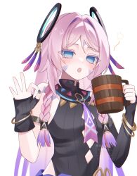  1girl asymmetrical_gloves bad_id bad_pixiv_id bare_shoulders black_gloves black_leotard blue_eyes bracelet braid citlali_(genshin_impact) commentary_request cup facial_mark fingerless_gloves floating_headgear genshin_impact gloves grey_nails hair_intakes hands_up headgear highres holding holding_cup jewelry kino_(curry_pan) leotard long_hair looking_at_viewer nail_polish no_pupils ok_sign open_mouth partial_commentary pink_hair revision simple_background solo tankard triangle triangle_facial_mark twin_braids twitter_username upper_body white_background 