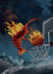  animal_focus basketball basketball_hoop clouds cloudy_sky highres meme no_humans original outdoors painterly shrimp sky slam_dunk_(basketball) storm waves yu_shiro_ki 
