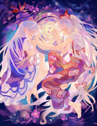  2girls absurdres barefoot blue_dress blue_hat blue_nails bow closed_eyes commentary_request dress flower from_side fujiwara_no_mokou hair_bow hat hat_ribbon highres huameiyu kamishirasawa_keine knees long_hair looking_at_viewer multiple_girls neckerchief ofuda ofuda_on_clothes pants ponytail puffy_short_sleeves puffy_sleeves purple_flower reaching reaching_towards_another red_bow red_eyes red_neckerchief red_pants red_ribbon red_suspenders ribbon ripples shirt short_sleeves touhou very_long_hair white_hair white_shirt 