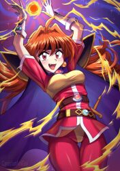  1girl arms_up breasts brown_eyes brown_hair canadiananiguy cowboy_shot earrings fire gloves highres jewelry lina_inverse long_hair medium_breasts pantyhose purple_background red_pantyhose slayers solo sphere_earrings white_gloves 