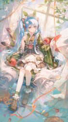  1girl absurdres apron black_skirt blue_eyes blue_hair commentary copyright_notice cracker curtains dessert doughnut flower food fruit full_body glass gradient_hair green_kimono green_nails green_socks hair_ornament hair_ribbon hatsune_miku highres japanese_clothes kimono lace_curtains leaf_hair_ornament long_hair maccha_(mochancc) maid maid_headdress mini_person minigirl multicolored_hair official_art orange_ribbon parted_lips plant pretzel raspberry ribbon shoes sitting skirt sneakers snowflake_print socks solo strawberry strawberry_slice striped_clothes striped_kimono twintails very_long_hair vocaloid wa_maid wafer_stick white_socks window yuki_miku 