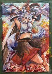  1girl absurdres animal_ears armpits black_skirt detached_sleeves fang geta harikona hat highres holding holding_sword holding_weapon huge_weapon inubashiri_momiji leaf maple_leaf navel painting_(medium) photo_(medium) pom_pom_(clothes) red_eyes red_hat ribbon-trimmed_sleeves ribbon_trim shield signature skirt solo sword tail tengu-geta tokin_hat touhou traditional_media watercolor_(medium) weapon white_hair wolf_ears wolf_girl wolf_tail 