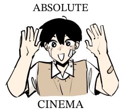  1boy :d absolute_cinema_(meme) areuwuu bandage_on_face bandages bandaid bandaid_on_arm black_hair blush chinese_text collared_shirt crying crying_with_eyes_open hands_up highres kim_dokja male_focus meme oldest_dream omniscient_reader's_viewpoint shirt short_hair smile solo tears vest white_shirt yellow_vest 