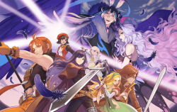  ahoge anita_(tales_weaver) armlet badge bare_shoulders belt black_collar black_dress black_gloves black_hair black_horns black_pants black_shirt black_sleeves blue_eyes blue_hair boris_jinneman braid breasts brown_belt brown_cape brown_capelet brown_coat brown_hair cape capelet cloe_da_pontina clouds coat collar collarbone collared_shirt commentary_request cropped_shirt crossed_belts curtained_hair double-parted_bangs dress feathers frown glasses glove_belt gloves gold_armlet green_dress green_hairband green_vest grey_eyes hair_between_eyes hairband half_up_braid hand_on_another's_chest high_collar highres holding holding_sword holding_weapon horns isolestie_(children_of_the_rune) ispin_charles jacket jewelry juliet_sleeves korean_commentary large_belt lipstick liv_anita long_hair long_sleeves makeup maximin_liebkne medium_breasts midriff multicolored_jacket multiple_belts necktie nergal_(tales_weaver) nexon official_art open_mouth orange_eyes orange_gloves orange_hair orange_pants pants parted_bangs plant ponytail puffy_sleeves purple_feathers purple_wings red_eyes red_jacket red_lips red_necktie round_eyewear sang_ah_yoon shirt shoulder_belt silver_legwear single_braid single_hair_streak sivelin_uuo sky sleeveless sleeveless_jacket sleeveless_shirt split_mouth straight_hair sword tales_weaver teeth tongue torn_clothes torn_shirt two-tone_jacket upper_teeth_only very_long_hair vest vines wavy_hair weapon white_hair white_jacket white_sleeves wing_collar wings 