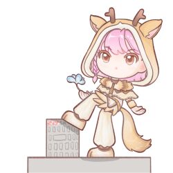  1girl :3 animal_costume animal_ear_hood animal_ears antlers blue_flower braid brown_cloak brown_eyes brown_shoes building chibi chinese_commentary chunpiao cloak closed_mouth commentary_request flower fur-trimmed_cloak fur_trim giant giantess highres holding holding_flower hood hood_up hooded_cloak horns infinity_nikki light_blush looking_ahead nikki_(nikki) nikki_(series) pants paw_shoes pink_hair puffy_pants shadow shirt shoes short_hair side_braid single_braid skyscraper smile solo stepping_on_object tareme textless_version turtleneck turtleneck_shirt variant_set white_pants white_shirt wolf_costume wolf_ears wristband 