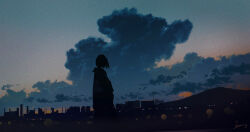  1girl absurdres building check_commentary chinese_commentary clouds commentary_request evening highres huashijw jacket medium_hair original outdoors partial_commentary scenery signature silhouette sky solo standing 