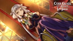  1girl bare_shoulders blunt_bangs chair child chinese_clothes closed_mouth code_geass code_geass:_lost_stories commentary_request dress dutch_angle english_commentary f4samurai full_body game_cg hair_tubes hands_up highres holding_own_wrist indoors legs_together light_particles long_hair long_sleeves looking_at_viewer multicolored_dress nervous official_art on_chair orange_eyes raised_eyebrows shaka_sign shoes sidelocks sitting sitting_on_throne solo sunlight sunset tassel throne tianzi two_side_up very_long_hair white_hair window yellow_shoes 