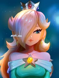  1girl artist_name bare_shoulders blonde_hair blue_eyes brooch closed_mouth collarbone crown derivative_work dress earrings english_commentary facing_viewer hair_over_one_eye highres jewelry looking_to_the_side minty_greenzy off-shoulder_dress off_shoulder rosalina scene_reference solo star_(symbol) star_brooch star_earrings super_mario_bros. the_super_mario_galaxy_movie 