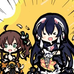  2girls african_penguin_(kemono_friends) black_hair brown_hair chips_(food) closed_eyes elbow_gloves food gloves green_eyes headphones hololive hood hoodie kemono_friends kemono_friends_v_project long_hair microphone multiple_girls natsuiro_matsuri penguin_girl potato_chips ribbon shirt simple_background tanuki_kamen virtual_youtuber yellow_background 