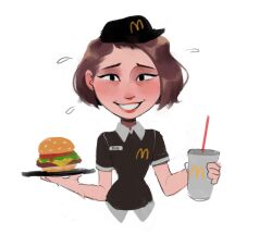  1girl black_hat black_shirt brown_hair burger deformed drink drinking_straw flying_sweatdrops food hat holding holding_drink holding_tray jill_valentine looking_at_viewer mcdonald's milkghost resident_evil shirt simple_background tray white_background 