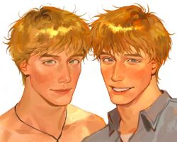  1boy blonde_hair blue_eyes choppy_bangs closed_mouth collared_shirt english_commentary forked_eyebrows grey_shirt jewelry kunnuscumnus light_smile looking_at_viewer lucas_belmont_(kunnuscumnus) multiple_views necklace nose original portrait shirt short_hair simple_background smile teeth white_background 