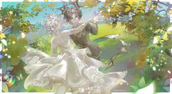  2boys absurdres archionturkey black_eyes black_hair black_tunic border bug bush butterfly butterfly_on_hand dancing dress dual_persona elbow_gloves feet_out_of_frame flower forsaken_(roblox) gloves halo halo_behind_head highres holding_hands layered_dress leaf lens_flare male_focus multiple_boys outdoors outside_border rose scenery smile spawn_(roblox) tail tiara tree tunic two_time_(forsaken) white_border white_dress white_flower white_gloves white_rose 