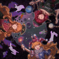  3girls american_flag american_flag_print animal arm_up bare_arms black_dress black_hat black_shirt blue_jumpsuit chain clothes_writing clownpiece collarbone commentary copyright_name crescent_print dalachi_(headdress) dot_nose dress earth_(ornament) eyelashes fire flag_print floating_hair floral_print gold_chain hand_on_own_hip happy hat heart heart_print hecatia_lapislazuli highres holding holding_torch jester_cap jumpsuit junko_(touhou) legacy_of_lunatic_kingdom long_hair looking_at_viewer medium_hair moon moon_(ornament) multicolored_jumpsuit multiple_girls neck_ribbon neck_ruff off-shoulder_shirt off_shoulder open_mouth orange_hair pink_eyes pleated_sleeves polka_dot_headwear pom_pom_(clothes) print_headwear print_jumpsuit print_shirt print_tabard purple_hat purple_wings rabbit red_eyes red_hair red_jumpsuit red_tabard ribbon rocket shirt short_sleeves smile space split-color_clothes star_(symbol) star_print striped_jumpsuit symbol-only_commentary t-shirt tabard tansuyuli textless_version torch touhou underworld_(ornament) upper_body upside-down variant_set very_long_hair wavy_hair white_jumpsuit wings yellow_ribbon 