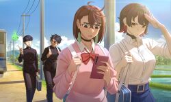  2boys 2girls ayase_momo black_choker bowl_cut choker crossover dandadan ekubo_(mob_psycho_100) ellen_joe gakuran glasses highres kageyama_shigeo mob_psycho_100 multiple_boys multiple_girls pink_sweater rappa_(sirrappa) round_eyewear school_uniform shirt_under_sweater spirit sweater takakura_ken_(dandadan) zenless_zone_zero 