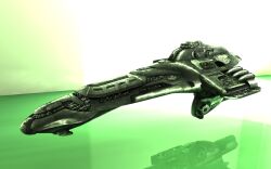  3d attack_ship_(eve_online) commentary cruiser_(eve_online) english_commentary eve_online federation_navy_(eve_online) floating gallente_federation_(eve_online) glowing green_background green_theme highres military_vehicle no_humans realistic reflective_floor science_fiction spacecraft thorax_(eve_online) vankaiser 
