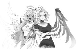  2girls :d angel breasts crossed_arms dark-skinned_female dark_skin elbow_gloves emily_(hazbin_hotel) frown gloves greyscale halo hashtag-only_commentary hazbin_hotel hellaverse large_breasts long_hair lute_(hazbin_hotel) monochrome multicolored_hair multiple_girls multiple_wings puffy_short_sleeves puffy_sleeves seraph shipduck13 short_sleeves simple_background smile two-tone_hair white_background wings 