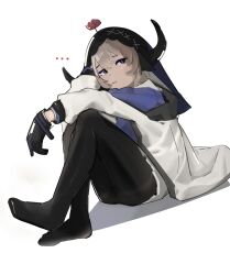  ... 1girl arknights black_pantyhose feet gloves highres innosick legs pallas_(arknights) pantyhose simple_background sitting thinking white_background 