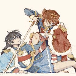 2girls aijou_karen arm_support arm_up at_knifepoint black_boots black_hair blue_eyes blue_jacket blue_skirt boots brown_background brown_eyes brown_hair clenched_teeth closed_mouth commentary crown dagger eye_contact foot_out_of_frame fur-trimmed_jacket fur_trim glint hair_ornament hairclip hand_up highres holding holding_dagger holding_knife holding_sword holding_weapon jacket jacket_on_shoulders kagura_hikari knee_up knife long_hair long_sleeves looking_at_another lying mini_crown miniskirt multicolored_jacket multiple_girls on_back on_one_knee parted_lips red_jacket red_sash sash short_hair shoujo_kageki_revue_starlight shoulder_sash simple_background single_horizontal_stripe sketch skirt sparkle_hair_ornament striped_clothes striped_skirt sword symbol-only_commentary tassel teeth two-tone_jacket two_side_up v-shaped_eyebrows weapon white_sash xilailiu33942 