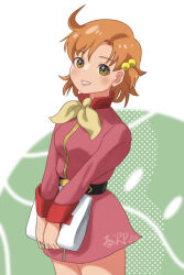  1girl ahoge belt bow brown_eyes brown_hair cosplay dated fraw_bow fraw_bow_(cosplay) gundam hair_bobbles hair_ornament haro highres idolmaster idolmaster_million_live! idolmaster_million_live!_theater_days pink_shirt pink_skirt shirt short_hair skirt smile solo spanglemaker standing yabuki_kana yellow_bow 