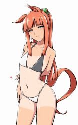  1girl animal_ears arm_behind_back bikini blue_eyes deno_(denomina0) hair_ornament hand_on_own_hip highres horse_ears horse_girl horse_tail long_hair navel orange_hair ponytail silence_suzuka_(umamusume) simple_background swimsuit tail tan tanlines umamusume 