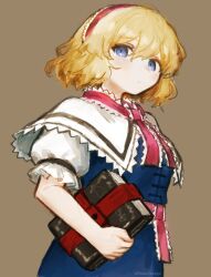  1girl alice_margatroid blonde_hair blue_dress blue_eyes book capelet closed_mouth dress expressionless from_side grimoire_of_alice hairband holding holding_book lolita_hairband looking_at_viewer medium_hair natucurage short_sleeves solo touhou upper_body white_capelet white_sleeves 