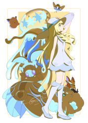  1girl :d :o absurdres alolan_vulpix alternate_color blonde_hair blush blush_stickers cccacademia clefairy closed_mouth commentary_request dress eyelashes from_side full_body green_eyes hand_on_headwear hat herdier highres kneehighs lillie_(nihilego) lillie_(pokemon) long_hair magearna nihilego open_mouth pokemon pokemon_(anime) pokemon_(creature) pokemon_journeys pokemon_sm pokemon_sm_(anime) ribombee robot shiny_pokemon shoes sidelocks signature sleeveless sleeveless_dress smile socks standing sun_hat tentacles white_dress white_hat white_shoes white_socks 