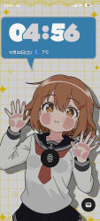  1girl against_glass black_sailor_collar black_skirt brown_eyes brown_hair clock digital_clock fake_phone_screenshot fake_screenshot fingerprint grid_background highres ikazuchi_(kancolle) kantai_collection neckerchief pleated_skirt puffy_cheeks red_neckerchief sailor_collar sailor_shirt school_uniform serafuku shirt short_hair skirt solo sugapi upper_body white_shirt 