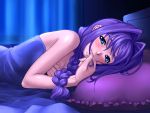  aqua_eyes bed blush braid breasts cleavage covering covering_breasts hair_intakes kanon long_hair looking_at_viewer minase_akiko pillow purple_hair single_braid smile under_covers zen 