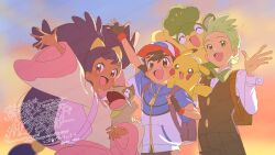  1girl 2boys :d ash_ketchum axew backpack bag black_gloves black_hair black_pants black_vest brown_eyes cilan_(pokemon) dress fingerless_gloves gloves green_eyes grey_hair iris_(pokemon) long_hair long_sleeves looking_at_viewer low-tied_long_hair multiple_boys on_shoulder open_mouth pansage pants pikachu pokemon pokemon_(anime) pokemon_(creature) pokemon_bw_(anime) pokemon_on_shoulder purple_hair red_eyes serizawa_serizane shirt short_hair short_sleeves smile teeth upper_body upper_teeth_only very_long_hair vest white_shirt 