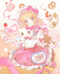 1girl absurdres accurate_lolita_coord animal_ears artist_request bitten blonde_hair blue_bow blue_eyes bow box cake cat_ears checkerboard_cookie cherry chinese_commentary commentary_request commission cookie cup dress emma_woods emma_woods_(hello_kitty_dream) fake_animal_ears food frilled_headwear frilled_sleeves frills fruit full_body hair_bow hair_ornament hairband hairclip head_tilt heart hello_kitty hello_kitty_(character) highres holding holding_stuffed_toy identity_v in_box in_container lolita_fashion long_sleeves looking_at_viewer mark_under_both_eyes mary_janes pantyhose parted_bangs pastel_colors pink_bow pink_dress pink_ribbon pink_shoes plate pretzel puffy_long_sleeves puffy_sleeves ribbon sanrio second-party_source shirt shoes sitting skirt smile solo sparkle strawberry stuffed_animal stuffed_cat stuffed_toy swiss_roll tea teacup twintails wariza whipped_cream white_pantyhose white_shirt 