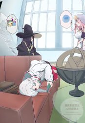  3girls ? absurdres black_hair black_robe blue_eyes book book_stack breasts chinese_text couch hat heaven_burns_red highres holding hood indoors kuryumiru0929 large_breasts long_hair long_sleeves looking_at_another multiple_girls pantyhose phone pink_hair potion red_eyes robe sakuraba_seira school_uniform speech_bubble stairs table tenne_miko white_hair window witch witch_hat yamawaki_bon_ivar 