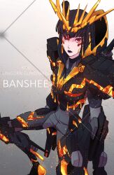  1girl 8823 armor black_hair black_lips character_name claw_(weapon) facial_mark glowing gundam gundam_unicorn highres humanization nt-d psycho_frame red_eyes short_hair shoulder_armor solo unicorn_gundam_banshee v-fin weapon 