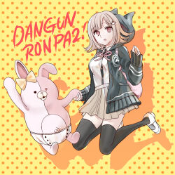  1girl :o black_thighhighs bow breasts brown_hair brown_skirt collared_shirt danganronpa_(series) danganronpa_2:_goodbye_despair diaper ear_bow flipped_hair hair_ornament hood jacket long_sleeves looking_at_viewer medium_hair monomi_(danganronpa) nanami_chiaki neck_ribbon open_clothes open_jacket pink_bag pink_eyes pink_ribbon ribbon sawai_fuyu shirt shirt_tucked_in skirt thigh-highs two-tone_shirt white_shirt zettai_ryouiki 