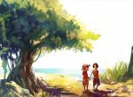  2boys black_hair brothers child freckles hat holding_hands male monkey_d_luffy multiple_boys one_piece portgas_d_ace sad short_hair siblings tree tsuyomaru young 