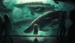  2boys 4girls absurdres ahoge animal aqua_theme aquarium child commentary dark english_commentary faceless faceless_female faceless_male facing_away fish grey_hair highres k_hottok light_rays multicolored_hair multiple_boys multiple_girls original oversized_animal pointy_ears red_eyes red_hair shadow sleeves_past_wrists solo_focus standing 