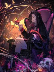  1girl apple black_gloves black_hair black_skirt boots bow brooch brown_eyes bug butterfly cage chain chair coat crossdressing crossdressing_(mtf) crossed_legs food frilled_sleeves frills fruit gloves hair_bow hair_over_one_eye highres holding holding_food holding_fruit holding_skull jewelry long_hair long_sleeves natsuki_subaru natsumi_schwarz orange_eyes re:zero_kara_hajimeru_isekai_seikatsu ribbon shirt single_glove sitting skeleton skirt skull snake solo white_shirt yangzhaoxuewu yellow_butterfly 