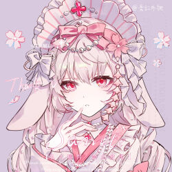  1girl animal_ears artist_name bonnet bow commission ears_down finger_to_mouth flower frilled_shirt frills hair_bow hand_up highres looking_at_viewer original parted_lips pearl_hair_ornament pink_bow pink_flower pink_hair portrait purple_background qinghong_zaoshu rabbit_ears rabbit_girl red_eyes sample_watermark shirt solo watermark white_bonnet white_shirt 